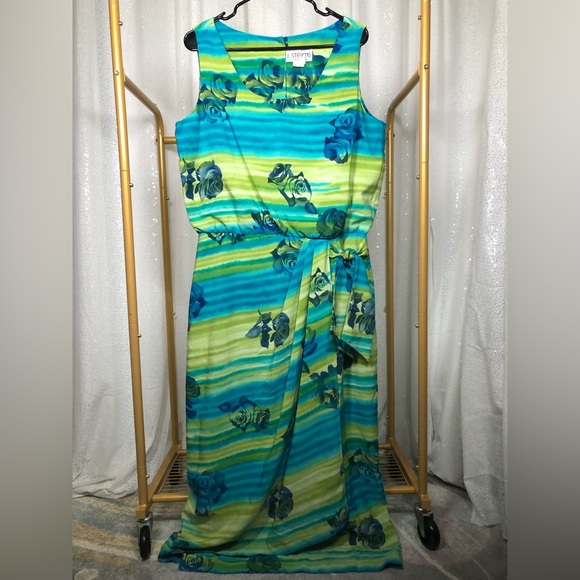 Vintage J. Stevens Blue/Yellow Sleeveless Maxi Dress w/ Blue Floral Pattern - Picture 1 of 6